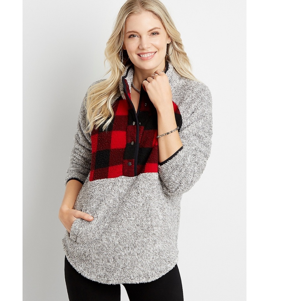 Maurice’s Gray Buffalo Plaid Sherpa Pullover